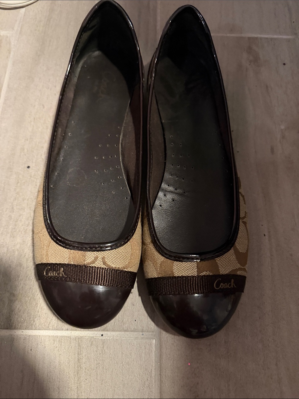 Coach Brown Signature Canvas Cap-Toe Flats with Dark Brown Patent Trim